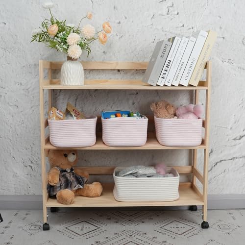 Small Woven Storage Baskets for Shelves, Pink Cotton Rope Bins 3-Pack