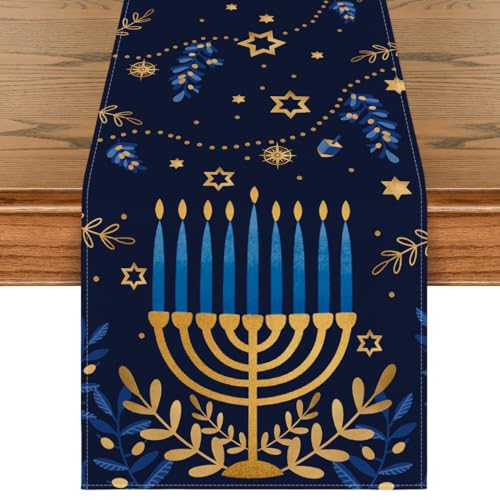 Artoid Mode 13 x 72 Inch Watercolor Star Olive Hanukkah Table Runner – Blue