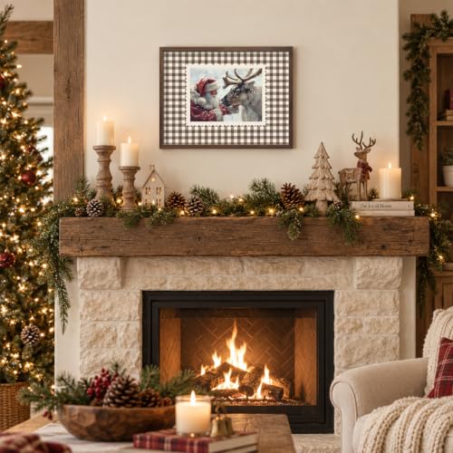 Vintage Santa Claus and Reindeer Wall Art Christmas Print Framed 16L x 12W Brown