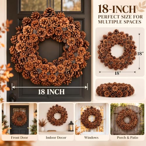 Dark Brown 18 Inch Fall Wreath with Pine Cones for Front Door & Decor