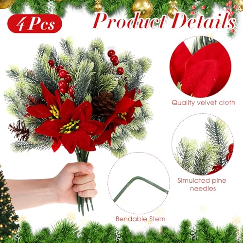 Yuxung 4 Poinsettias Artificial Christmas Flowers for Outdoor Porch