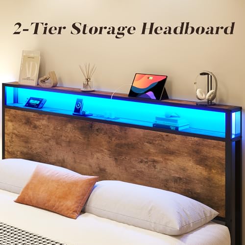 Queen Platform Bed Frame with 4 Storage Drawers, LED & Charging Station