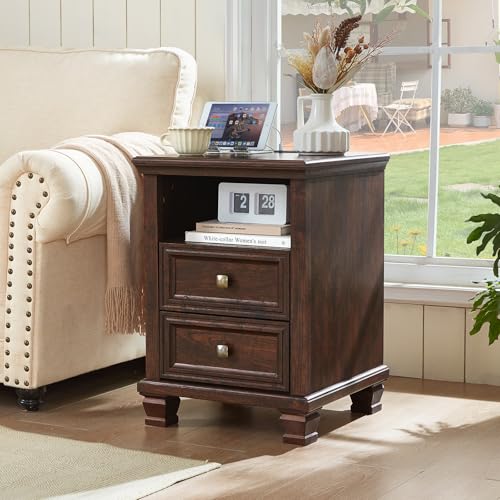 Farmhouse Walnut Nightstand with Charging Station and 2 Drawers