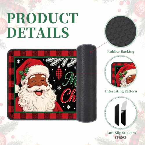 Christmas Kitchen Rugs and Mats Set - African American Santa Variation, 3-Piece Holiday Floor Mat Collection