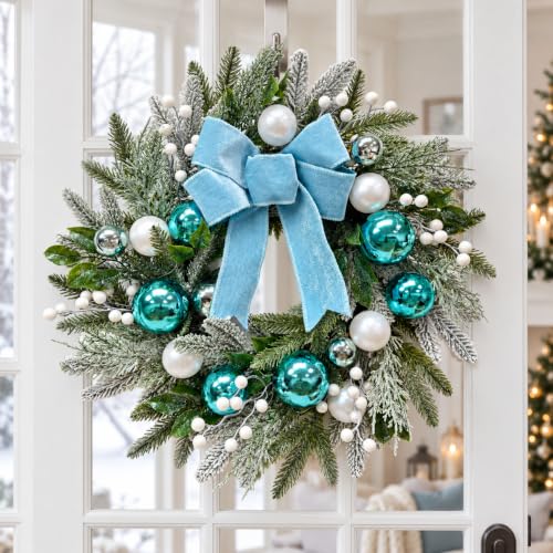 22-Inch Lighted Christmas Wreath with Timer, Blue Bow & Ornaments