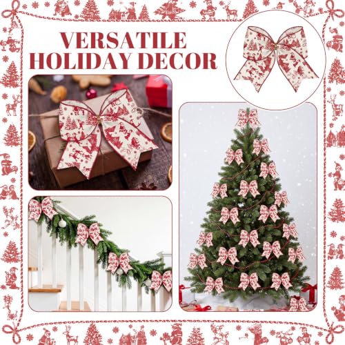 Realspring 12-Pack 6.3in Red Santa Toile de Jouy Christmas Bows - French Sketch