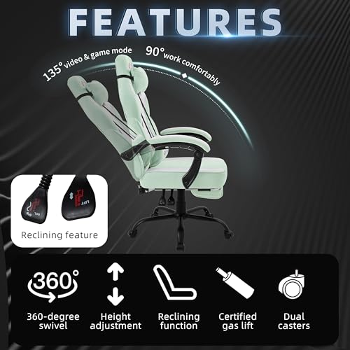 Ergonomic Fabric Gaming Chair with Massage Lumbar Support and Footrest