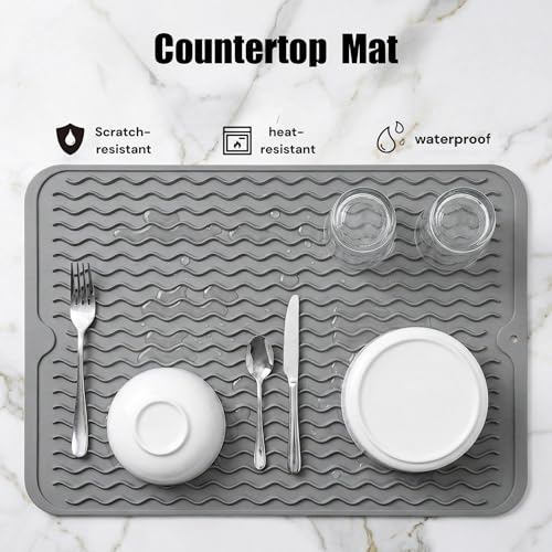 Silicone Dish Drying Mat - Heat Resistant Countertop Trivet, Grey (16x12 In)