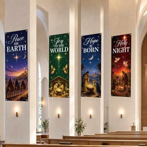 4Pcs Nativity Church Banner Set - 72 x 24 in, MOIZYNG National/ Holy Night Joy to the World Peace on Earth Hope Is Born