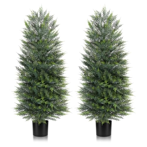 Dark Green 4FT Artificial Cypress Topiary Trees with Pots - Set of 2 Outdoor Decor