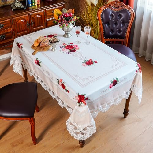 SUTAVIA Off-White 60 x 120 in Lace Embroidered Tablecloth, Rectangular Waterproof Polyester
