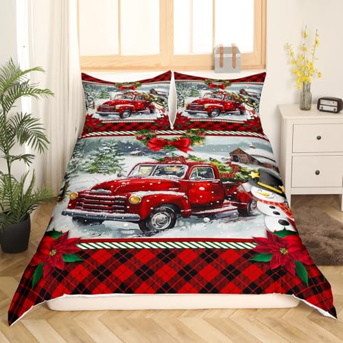 Homewish Christmas Truck Full Duvet Cover Set 3pcs Red Plaid with 2 Pillowcases (No Comforter) - Kids Bedding