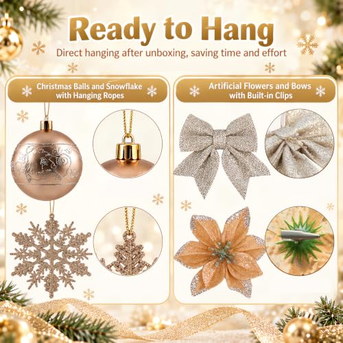 CLEANGOR 72Pcs Christmas Ornament Set – Champagne Gold Decor Kit