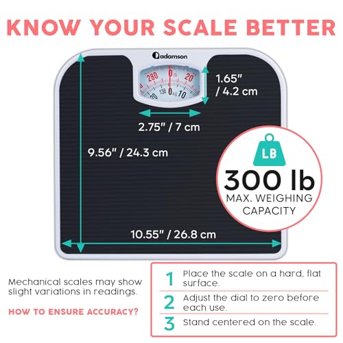 Analog Bathroom Scale - 300 lb Capacity, Anti-Skid Surface, Black