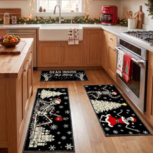 Skeleton Christmas Kitchen Rugs - 28x16/35x16/47x16 Inches, Dead Inside But Merry, Dark Humor Santa Skeleton Mats (Variation: Christmas Skeleton)