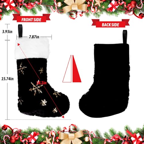 CCINEE 4 Pack 18-Inch Black Christmas Stockings with Gold Snowflake Sequin - Faux Fur Xmas Stockings
