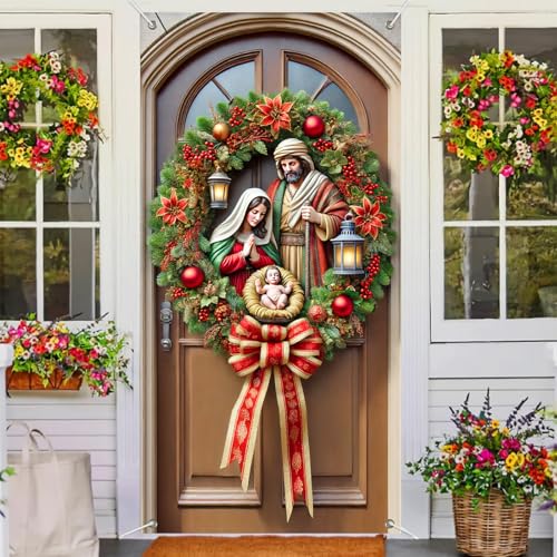 Christmas Nativity Door Cover - Holy Family Scene 35x71 Inch Polyester