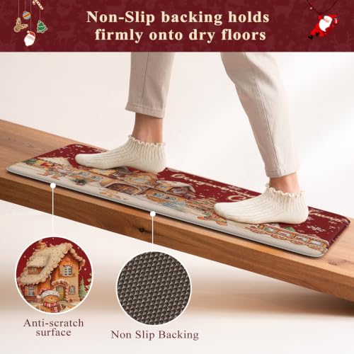 Leevan Christmas Kitchen Mat Set of 2 - Gingerbread Village 17"x29" + 17"x47" Thick 0.47in Anti-Fatigue