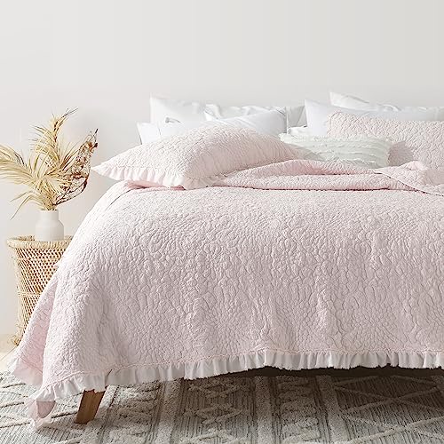 Pink Ruffled Quilt Set Queen - 3 Piece Stone-Washed Microfiber Bedding