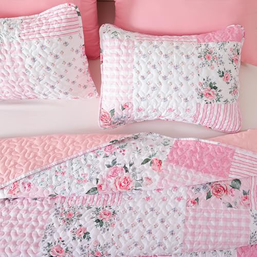 YIKUSH Pink Floral Quilt Set Queen Size - 3 Piece Lightweight Bedspread