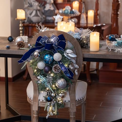 24-Inch Pre-Lit Christmas Teardrop Swag with LED Lights, Silver and Blue