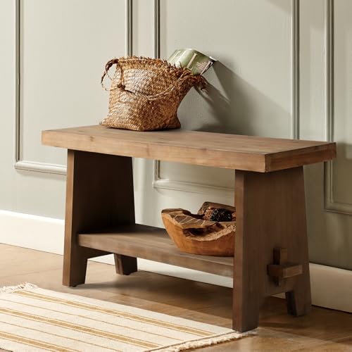 31.5-inch Farmhouse Entryway Bench, Rustic Solid Wood Narrow Hallway Seat