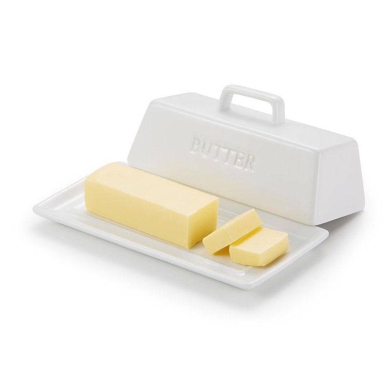 Kook Ceramic Butter Dish with Lid, Kitchen Countertop Butter Keeper, Serving Tray with Cover, Storage Container, Holds 1 Stick, Microwave and Dishwasher Safe, White