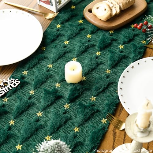 Christmas Tree Stars and Faux Fur Table Runner 13x108 Inches - Green Gold