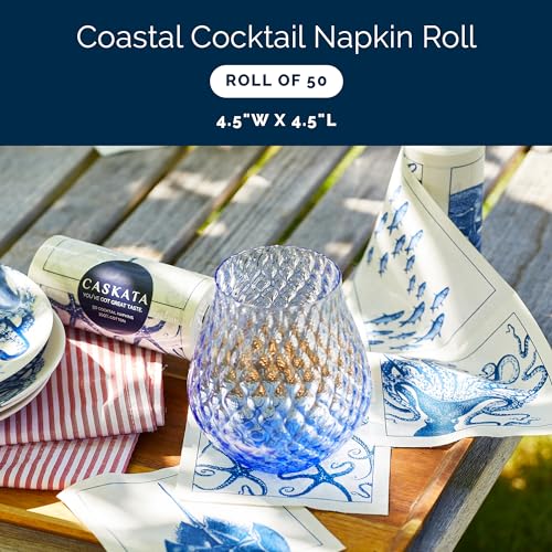 Caskata Coastal Cocktail Napkin Roll of 50, 4.5 x 4.5 Inches, Reusable Cotton, Blue & White, Set of 50