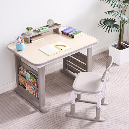 Height Adjustable Kids Study Desk and Chair Set with Storage - Grey