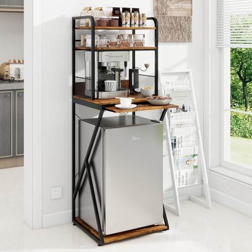 4-Tier Mini Fridge Stand with Power Outlet & Pull-Out Coffee Bar Shelf