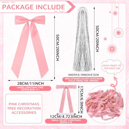 Pink Christmas Tree Decor Set with Velvet Bows, Tree Topper & Silver Icicles