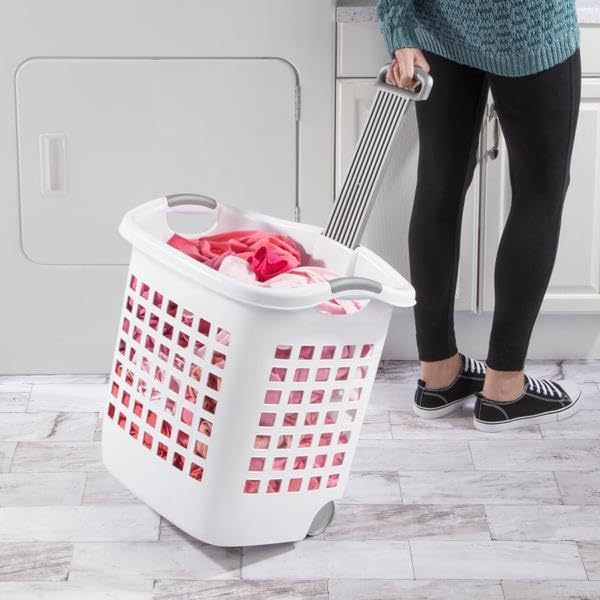 1.75 Bushel Wheeled Laundry Basket with Retractable Handle, White