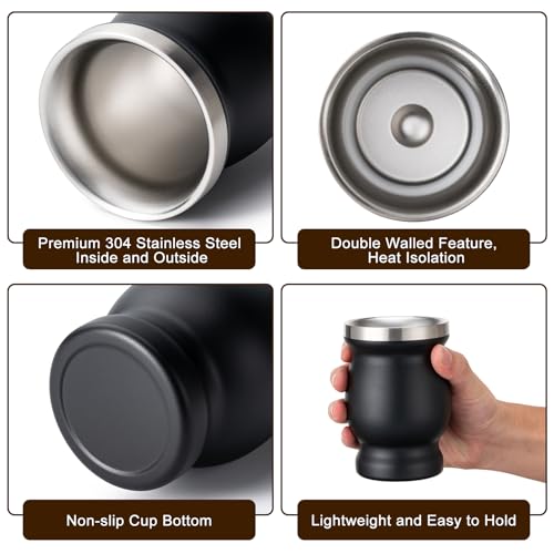 Husfunov 8oz Yerba Mate Cup Black Double-Wall Stainless Steel Travel Mug