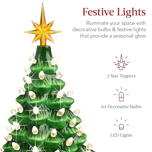 15in Ceramic Christmas Tree with Warm White Lights & Star Toppers - Green, Hand-Painted Holiday Decor
