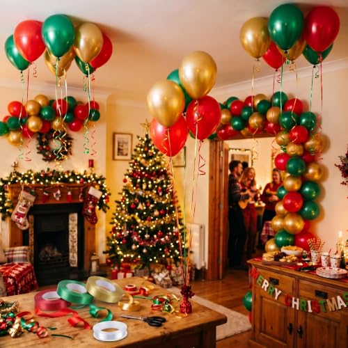 Christmas Ceiling Balloon Kit with Ribbons - Red Green Gold, 30 Pcs