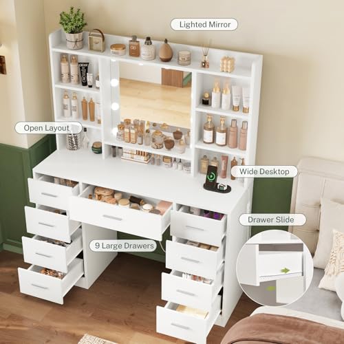 Large Vanity Desk with Lighted Mirror, 9 Drawers and Power Outlets
