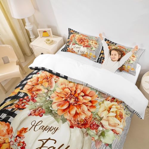 Fall Pumpkin Harvest Duvet Cover Set, Rustic Farmhouse Queen Bedding