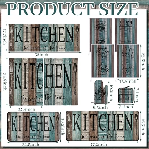 12-Piece Farmhouse Kitchen Decor Set, Teal Kitchen Linens, Rugs, and Curtains