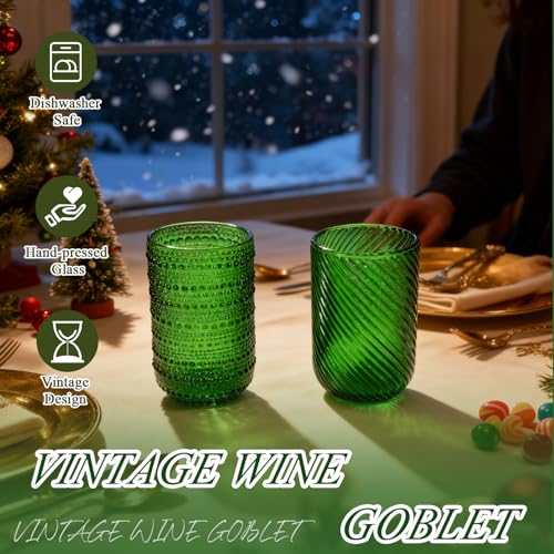 CHLJAR Christmas Green Vintage 14oz Stemless Wine Glasses Set of 6, E-Christmas Green