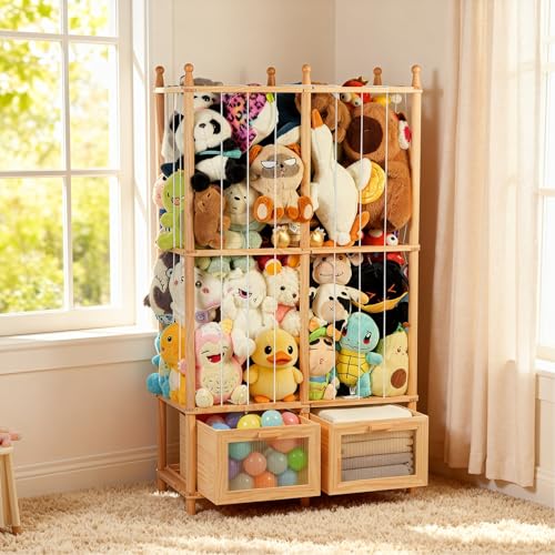 Stuffed Animal Storage Tower with Two Wooden Drawers, 280L Toy Organizer