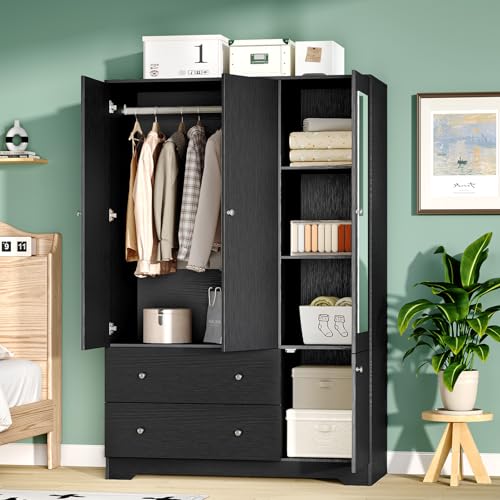4-Door Freestanding Wardrobe Closet with Mirror, Drawers and Hanging Rods