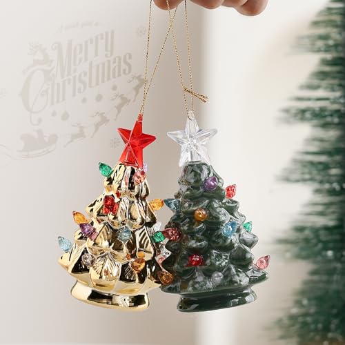 B SEPOR Set of 3 Mini 4.5-inch Nostalgic LED Ceramic Christmas Tree Ornaments with Lights, Hanging Holiday Decor
