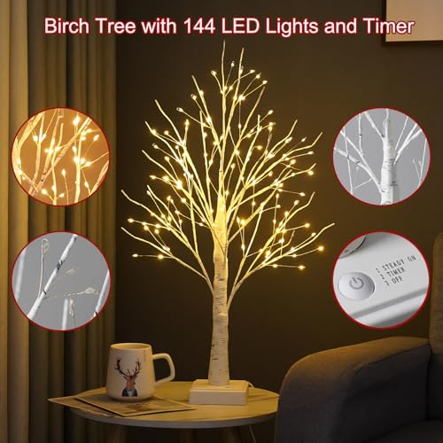 2 Pack BHGNEJN Small Lighted Artificial Birch Trees with Timer, 144 LEDs, 2ft Warm White Tabletop Decor for Bedroom & Holidays