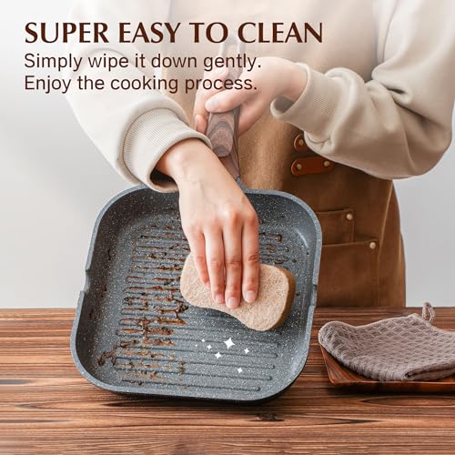Nonstick Square Grill Pan for Stove Tops - 9.5 Inch Induction Skillet
