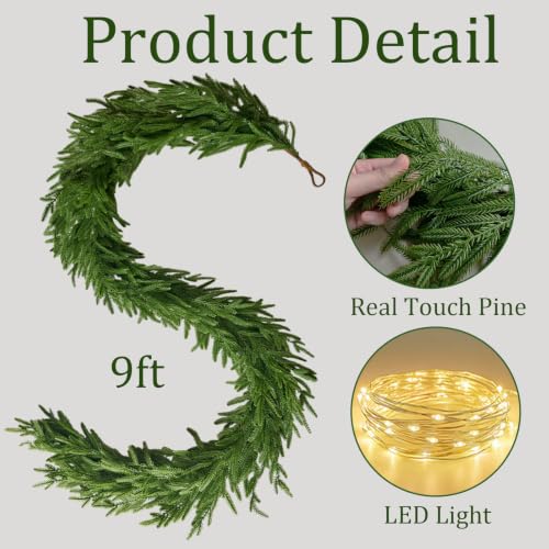 Cherica 1 Pcs 9 Ft Christmas Norfolk Pine Garland with Lights - Holiday Decor