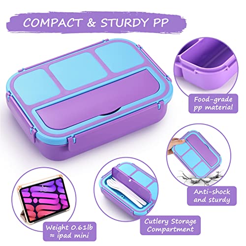 QQKO Bento Lunch Box for Kids & Adults with 4 Compartments, Utensils, and Sauce Cup, Purple