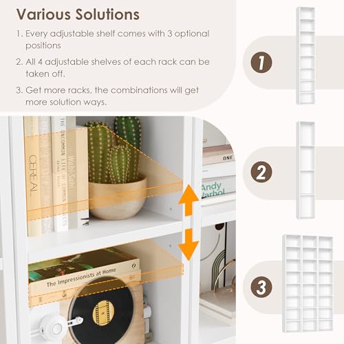 8-Tier Tall Narrow Bookshelf, White Slim Media Storage Tower with Adjustable Shelves