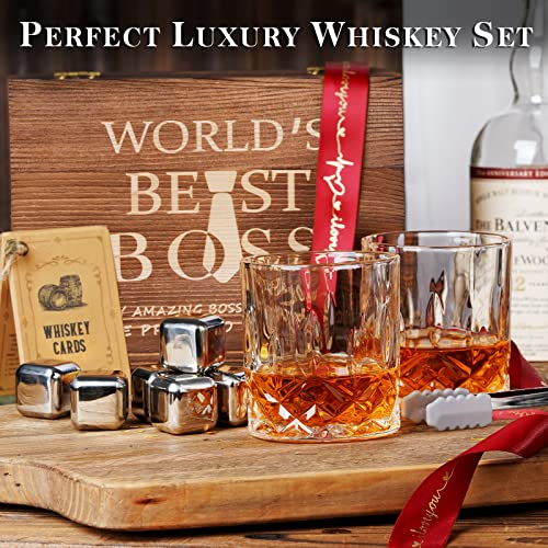 Oaksea Boss Day Whiskey Stones Set - 6 Stainless Steel Chilling Cubes & Glasses Gift for Men Boss Him Christmas Anniversary