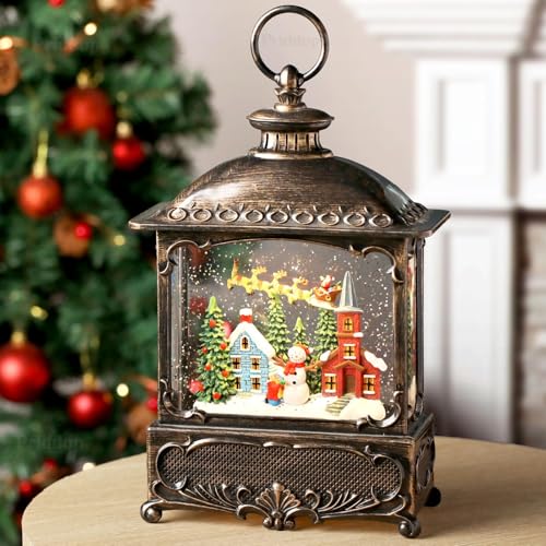 12-Inch Christmas Snow Globe Lantern with Musical Village Scene and Timer